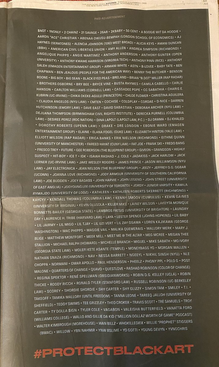 Honored to join so many artists &amp; scholars in today’s <a href="/nytimes/">The New York Times</a> ad demanding that prosecutors stop using creative expression against Black artists. #ProtectBlackArt
