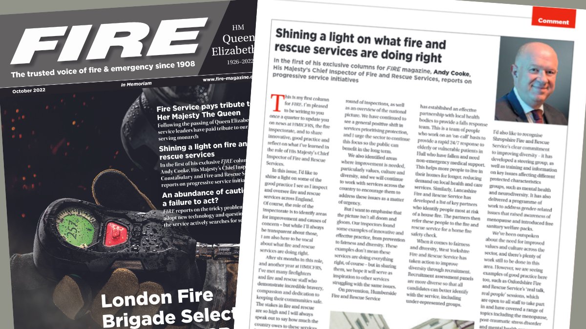 FIRE_Editor's tweet image. In the first of his exclusive columns for FIRE magazine, @AndyCookeHMCI, His Majesty’s Chief Inspector of Fire and Rescue Services, reports on progressive service initiatives.

Read more: fire-magazine.com/shining-a-ligh…

@HMICFRS #FIRE #firereform