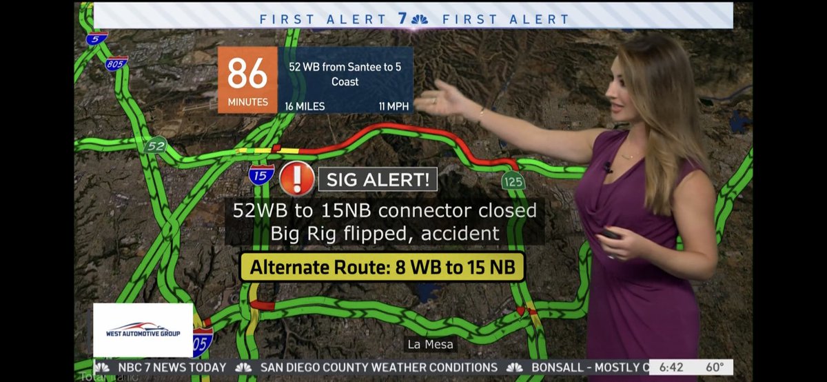 Breaking News: Sigalert 52WB to 15NB connector CLOSED .
Big rig overturned. Major backup WB52 
#NBC7 #Tlmd20 #sigalert #sandiego
