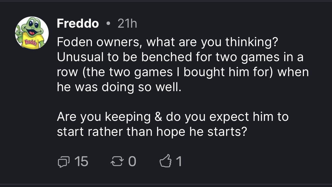 It's a tough decision for Foden owners 😬

Is he a keep or a sell? ⚖️

Join the conversation ➡️ post.getplaymaker.app/post/255291