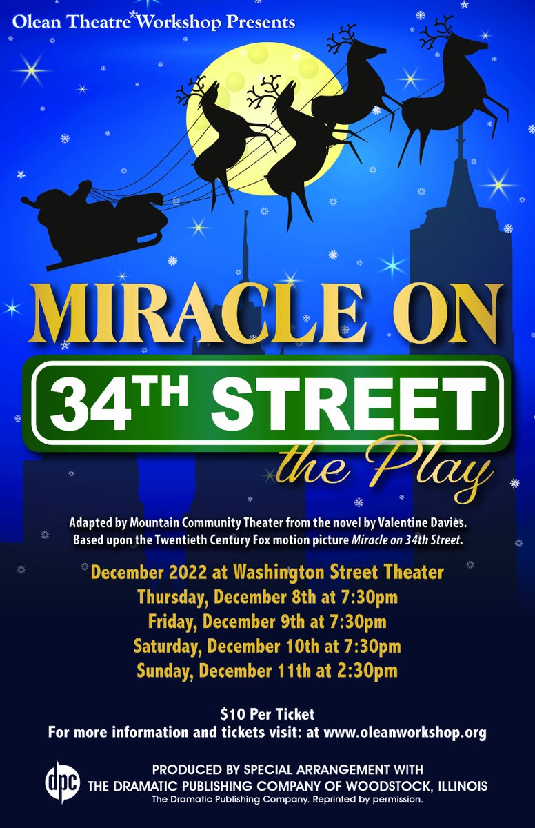 Olean_Workshop's tweet photo. November News Letter - https://t.co/orOlTRpDBB [Campaign URL] Just in time for Christmas --Miracle on 34th Street - December 8th - 11th  A feel good play for the Christmas Season!! Washington Street Theater. Tickets on Sale Now!!! https://t.co/HBy9RBBa3D