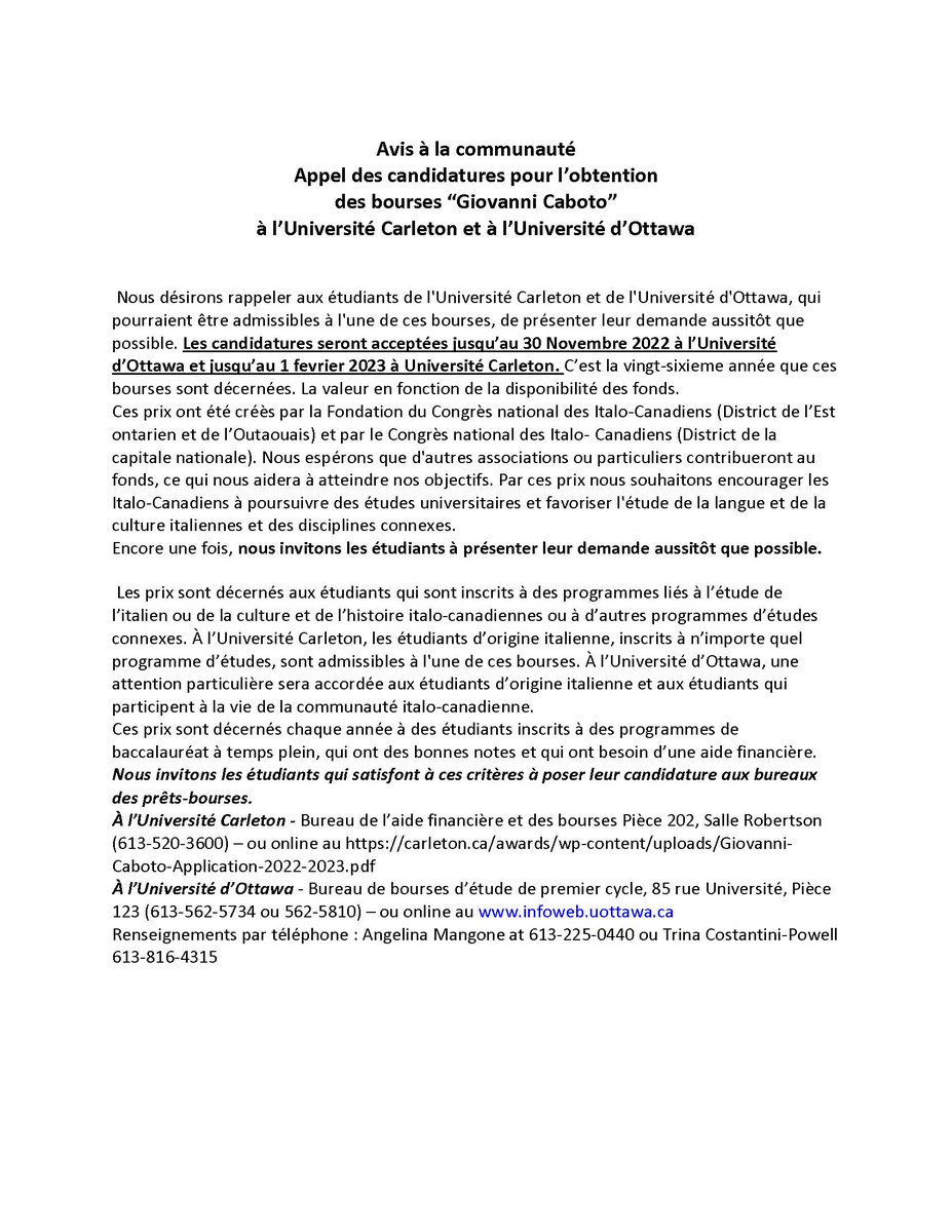 OttawaNCIC's tweet photo. Giovanni Caboto Scholarship Application 2022-2023 https://t.co/V7bGPczmFi