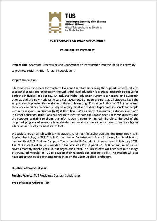 edith_walsh's tweet photo. Exciting opportunity to join @TUS_ie / @AppliedPsychTus to undertake a fully funded PhD in applied psychology investigating higher education inclusivity, under the supervisor of @helena_lydon and I. See https://t.co/B59KBzrVAe for more details. https://t.co/w9IICwxQMH
