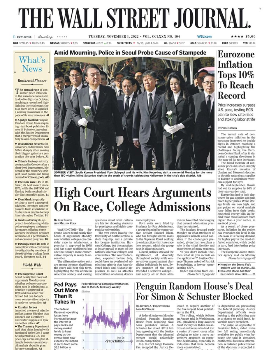 The front page of The Wall Street Journal this morning.
Tuesday, November 1 2022.
