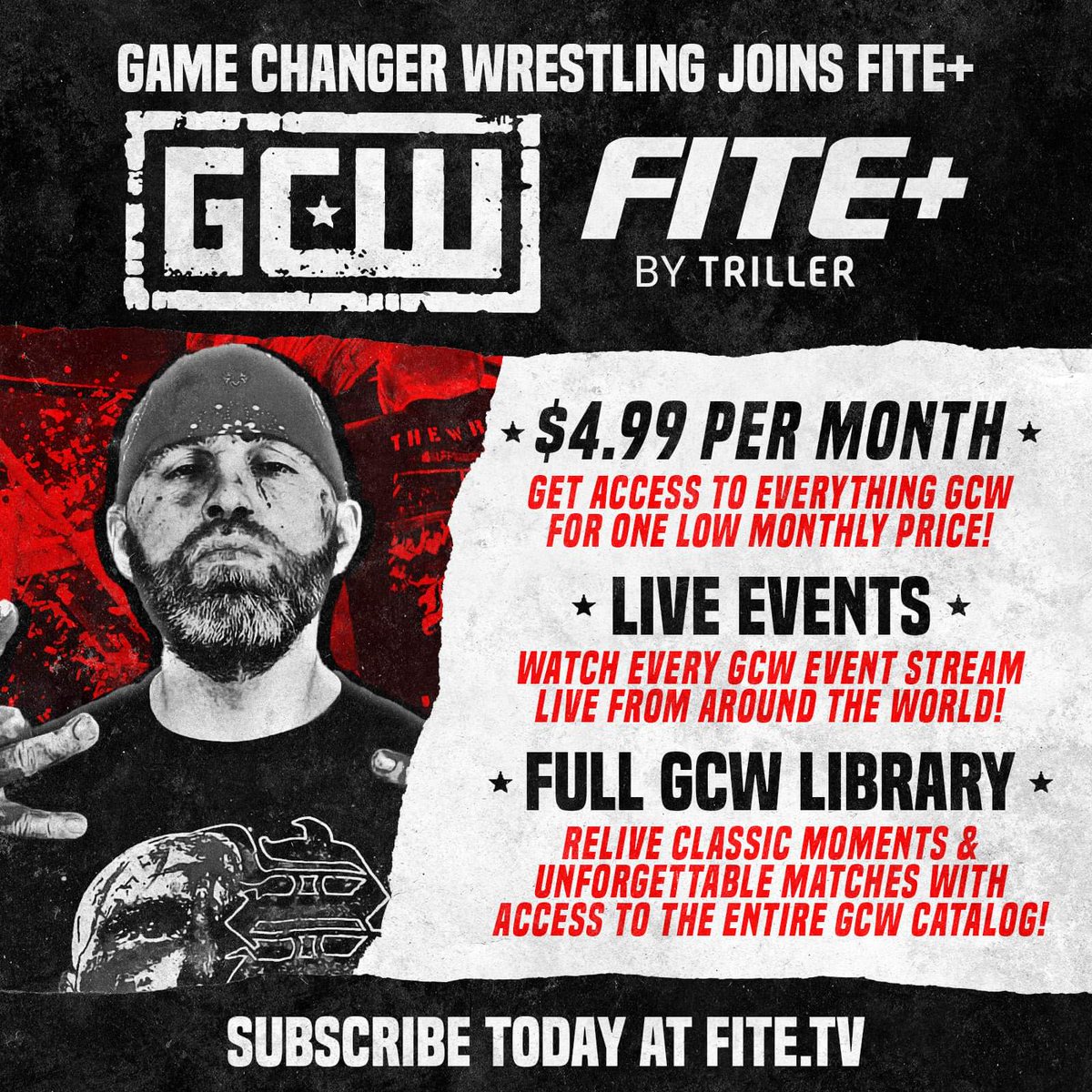 *BREAKING* Effective Immediately: GCW has joined Fite+! - Watch *ALL* GCW Live Events! - Watch the *COMPLETE* GCW Library! Get *EVERYTHING* GCW for just $4.99 per month EXCLUSIVELY on @FiteTV+! Subscribe TODAY and be part of indie wrestling history!