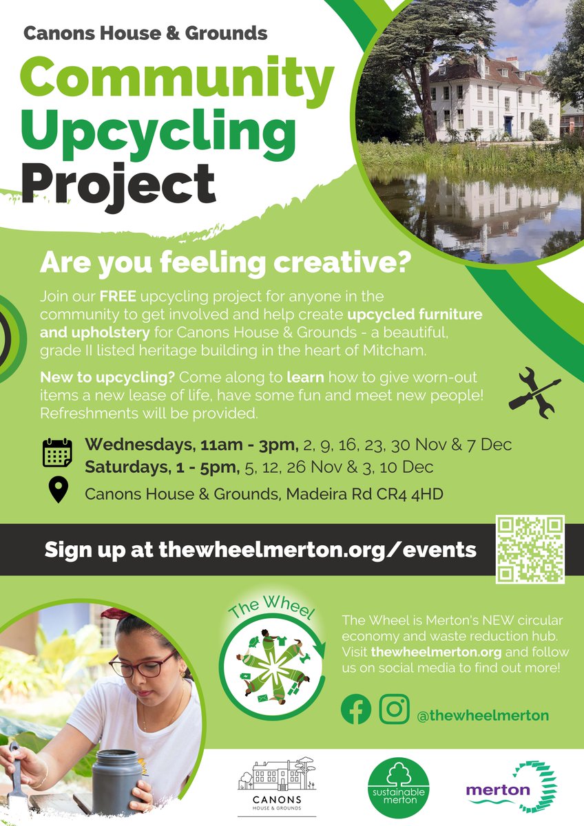 🛠️ Join #TheWheelMerton’s community #upcycling events throughout Nov &amp; Dec to help create unique, upcycled furniture &amp; upholstery for #CanonsHouse - a beautiful, grade II listed heritage building in the heart of Mitcham #Reduce #Reuse 🔁

Starts tomorrow!

thewheelmerton.org/event-details-…