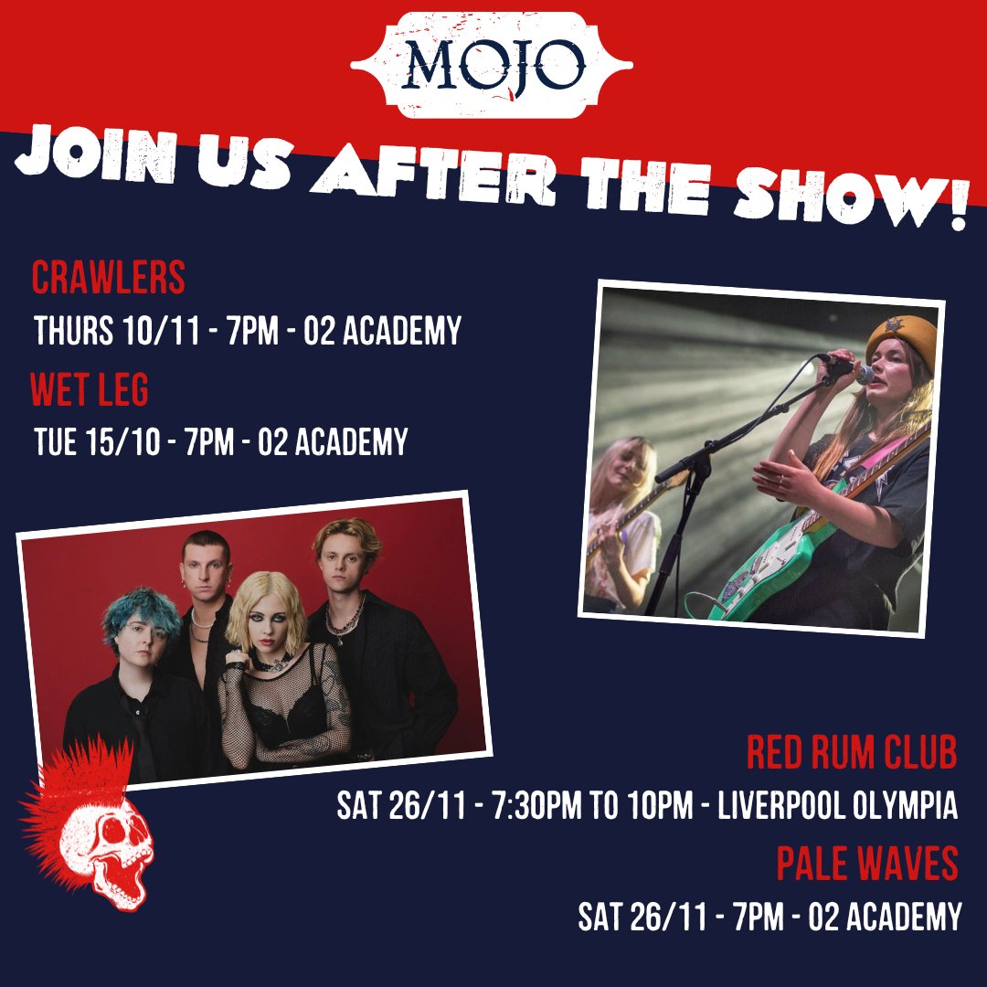 Check out our local gigs this month and join us at MOJO for an epic after party!

Show us your gig ticket and we'll give you a free shot to kick start your night. Expect good music, great drinks and we're open until late! 🤘

Book now: pulse.ly/m3ck0a9y1g