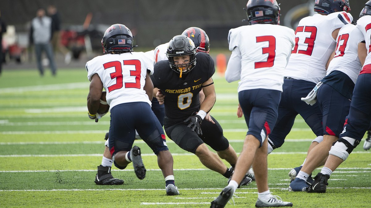 MTUFB's tweet photo. #0 to hero! Marc Sippel leads @GLIACFootball in tackles by 25! 

- Needs 11 in final two games to crack the Tech single-season record top-5. 

- All-time record is 139 (Tyler Kunz, 1994) https://t.co/j2V4XWhjvY