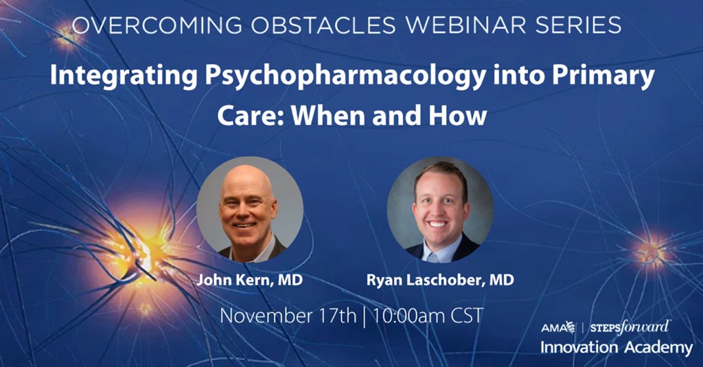 It's November! Which means Dr. John Kern and our very own Dr. Ryan Laschober will discuss the role of psychopharmacology in #primarycare in just a few weeks! Brought to you by #BHI Collaborative and #AMAStepsForward Innovation Academy 👏👏

Register today: bit.ly/November-BHI