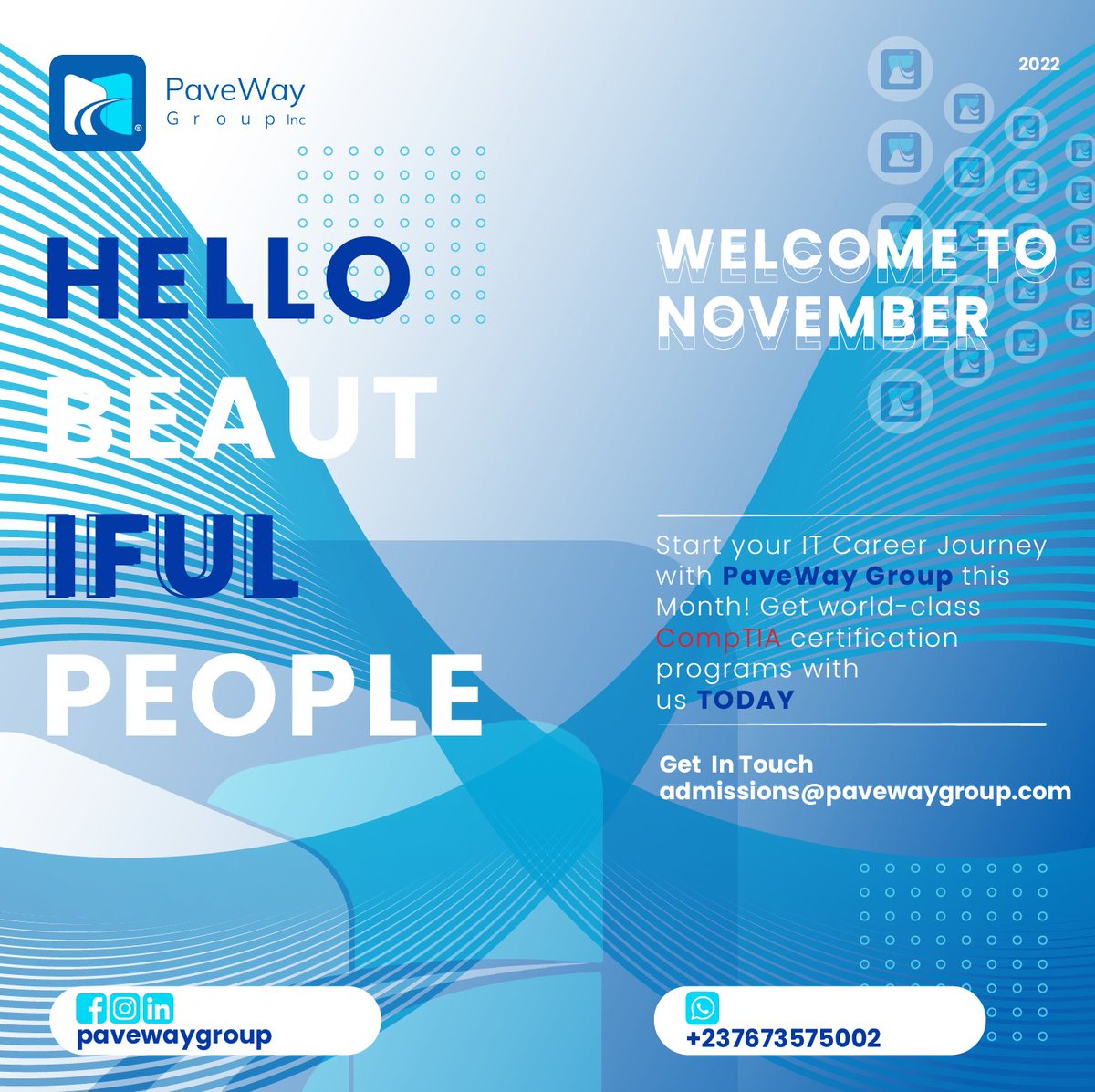 PavewayGroup's tweet photo. Happy November from all of us at PaveWay Group🗣. We are committed to unlock individuals to CompTIA IT certification training programs. 

You can start an IT journey with us this month. Send us a DM today! 

#newmonthnewgoals #ittraining #comptiacertified #pavewaygroup https://t.co/OHKQx2zjbY