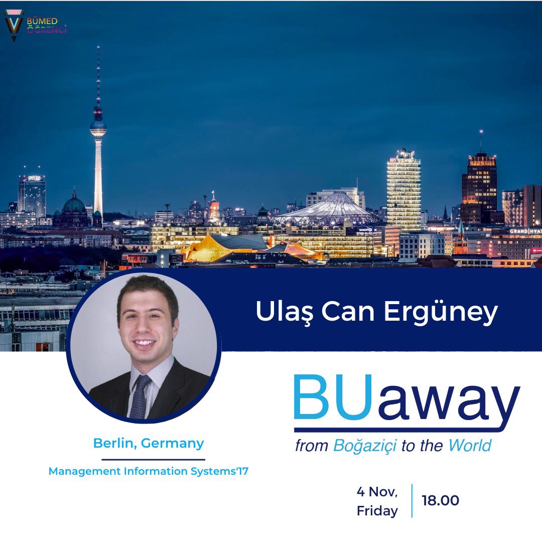 MIS Bölümü 2017 mezunu konuğumuz Berlin'den Ulaş Can Ergüney ile
4 Kasım Cuma günü saat 18.00'da Zoom üzerinden yapılacak BUaway etkinliğimize katılabilirsiniz 💙
