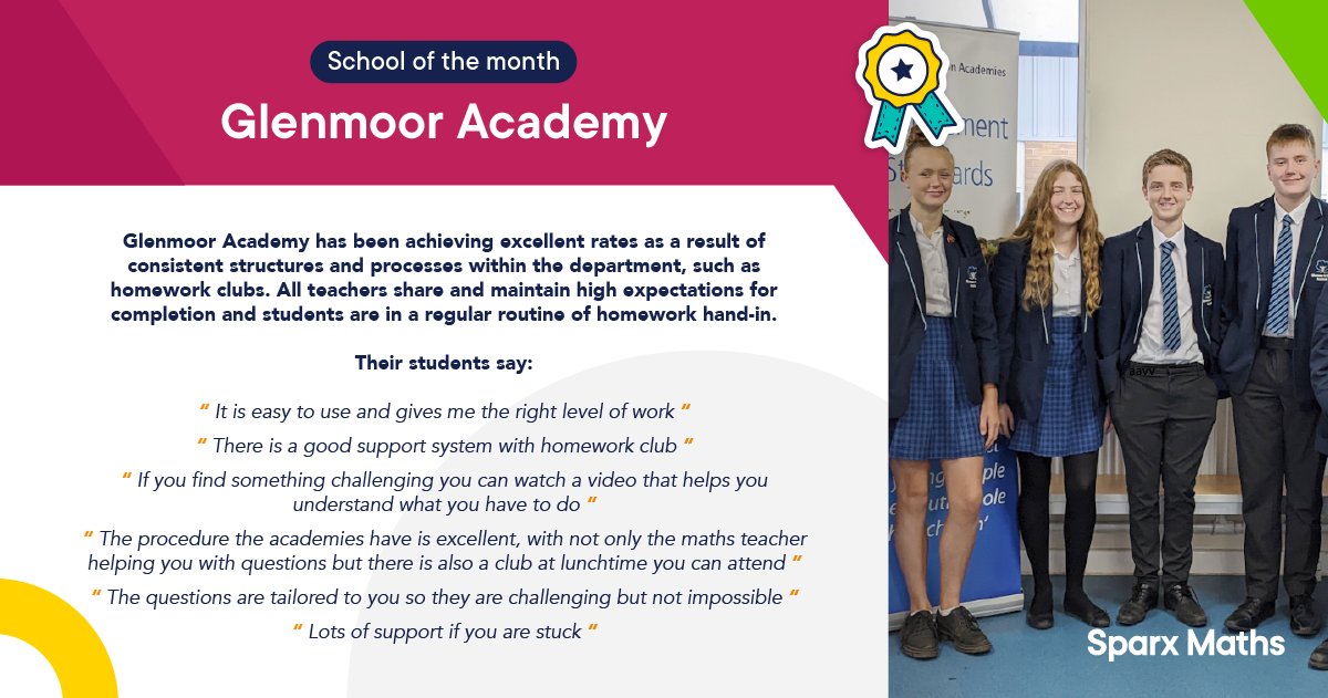 Congratulations to our School of the Month for November!

The students say it for themselves <a href="/Glenmooracademy/">Glenmoor Academy</a> at just how brilliant the school community has adopted Sparx Maths! 

Well done to all involved. 

#maths #edtech #educhat #edtechteacher