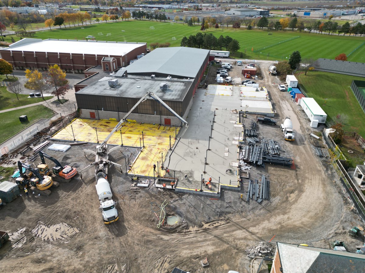Ridley_College's tweet photo. We’ve reached a significant milestone in bringing the Campaign Capital Project to fruition. Last week, concrete was poured for the extension of the Athletic Complex! Around 20 trucks arrived, in rotation, to campus, pouring 190 meters of concrete.  https://t.co/FTofmK4eKw https://t.co/IBsXTlocnf