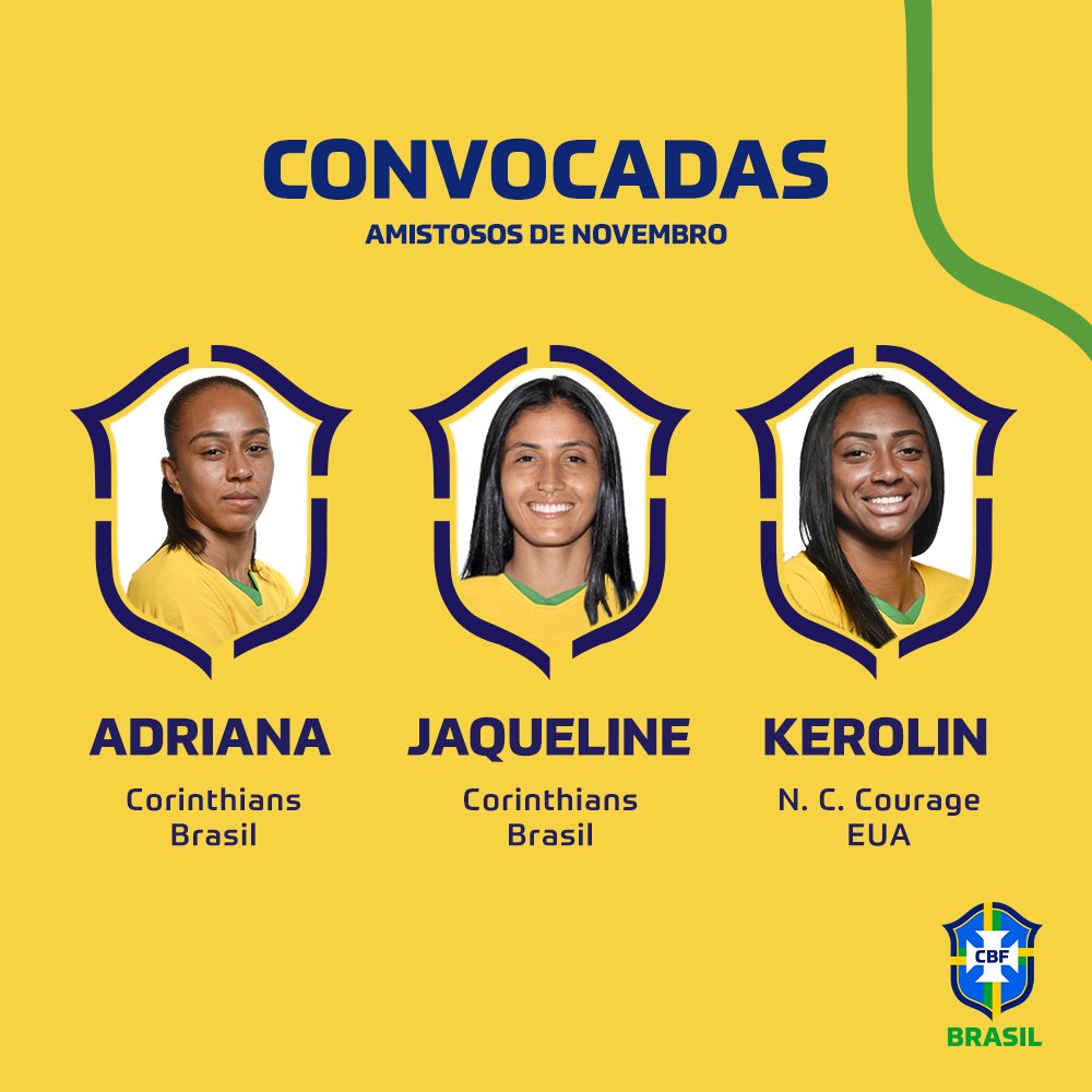 📋 Convocação da #SeleçãoFeminina para os amistosos de novembro. 🇧🇷 MEIAS: Adriana - @SCCPFutFeminino Jaqueline - @SCCPFutFeminino Kerolin - @TheNCCourage