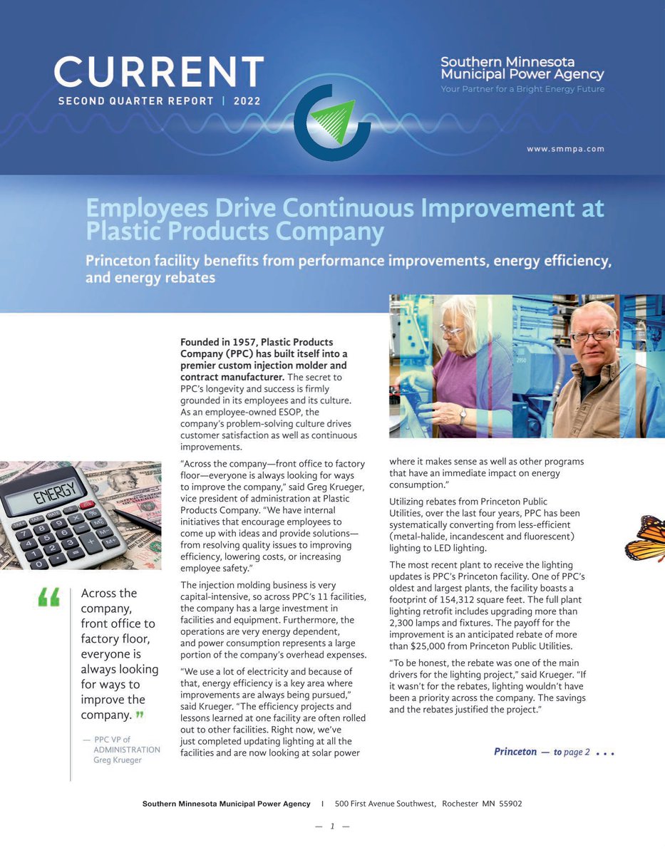 MnPrincetonUtil's tweet photo. We are proud to share that a very important customer of ours, Plastic Products Company, is highlighted on the front page of SMMPA's Quarterly Newsletter, Current.  Great Work!

https://t.co/V9aRgy6NZC https://t.co/4r3mqv7xkb