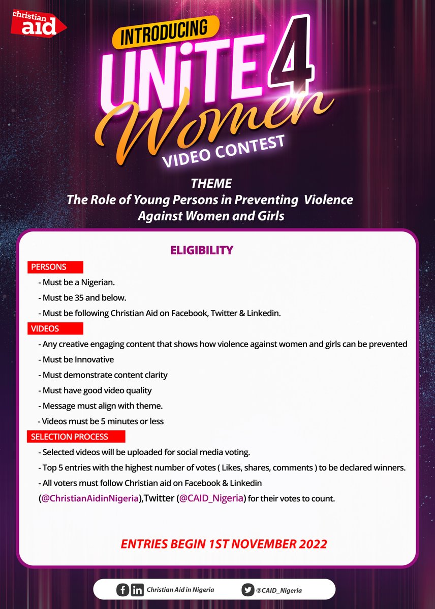CAID_Nigeria's tweet image. Submissions has commenced!!

On 3, 2, 1...Action!

#Unite4Women video contest is live🎤💃🕺

Are you ready to send in your creative content?

We look forward to receiving your Innovative Drama Skits, Poetry, Dance Videos, Animations, Musicals and other Arts Performances.