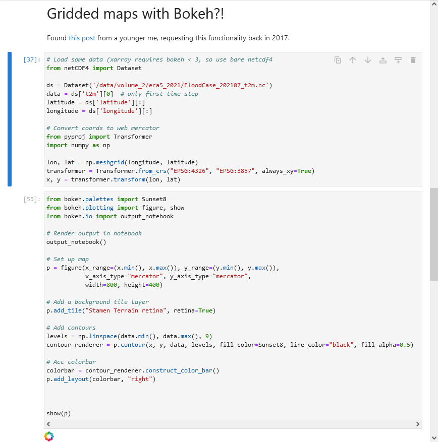 Bokeh now supports filled contours. I tried plotting gridded temperature data on a world map and it works well!! 

Still some polishing to do, but this is very promising!
