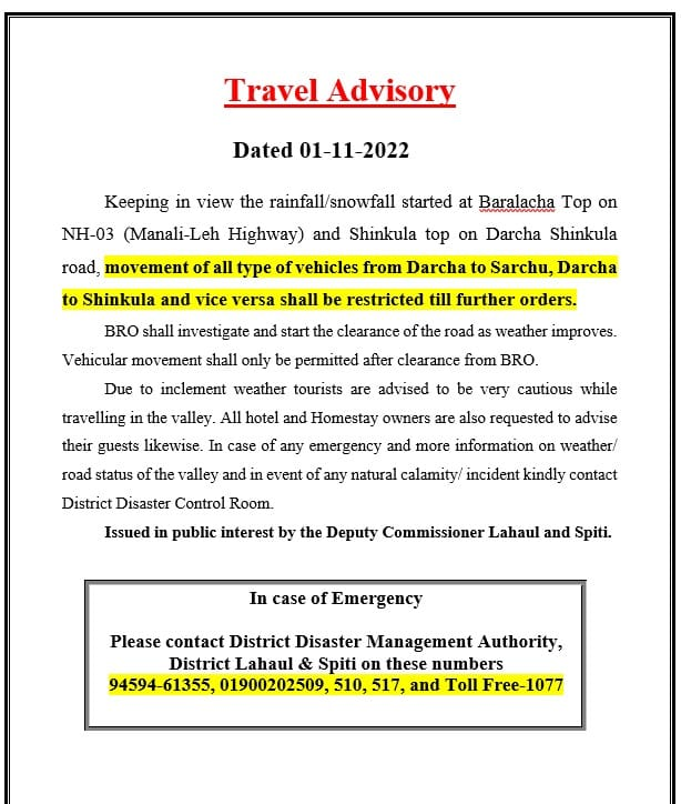 TTRHimachal's tweet photo. Travel Advisory
#TTRHimachal #TTR #HPP @DDMALahaulSpiti @HP_SDRF https://t.co/HNyV8ZsnOg