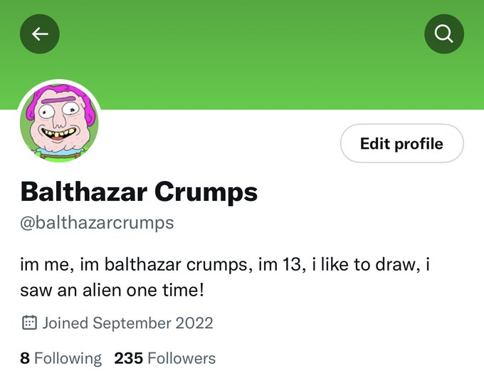 anbr3w_'s tweet photo. fuck it, i'm proud of the work i did for art gobblers. 

the last 2 months, i ran an official art gobblers account, a fictional character created by Justin Roiland, Dave, and me. His name is Balthazar Crumps, and we created him with no promise of wl, but for me to be an artist. https://t.co/jP3ic2NgaE