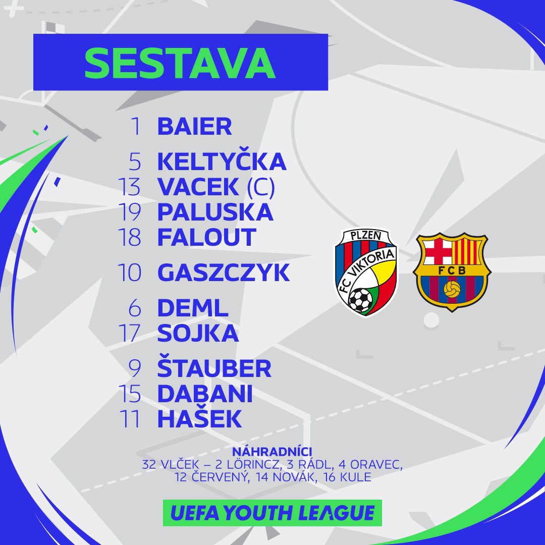 fcviktorkaplzen's tweet photo. Do posledního zápasu @UEFAYouthLeague nastoupí #fcvpU19 proti Barceloně 🇪🇸 v této sestavě 💪 #UYL https://t.co/gjzAJxWZGd