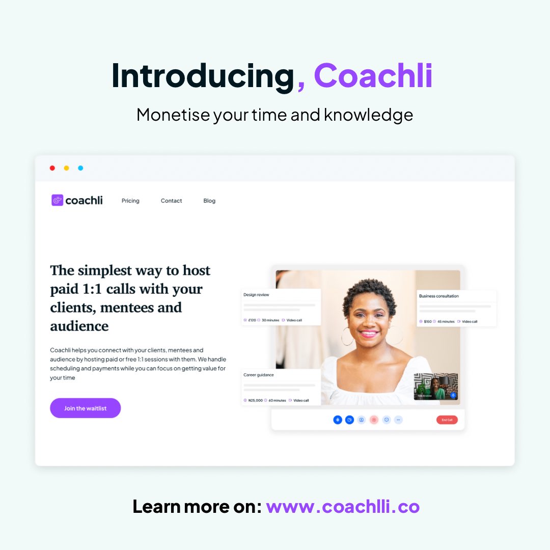 I’m extremely excited to introduce <a href="/useCoachli/">Coachli</a> 

The simplest way to host paid 1:1 calls with your clients, mentees and audience.

Check out coachli.co to learn more about our product, join the waitlist and share 💜💜