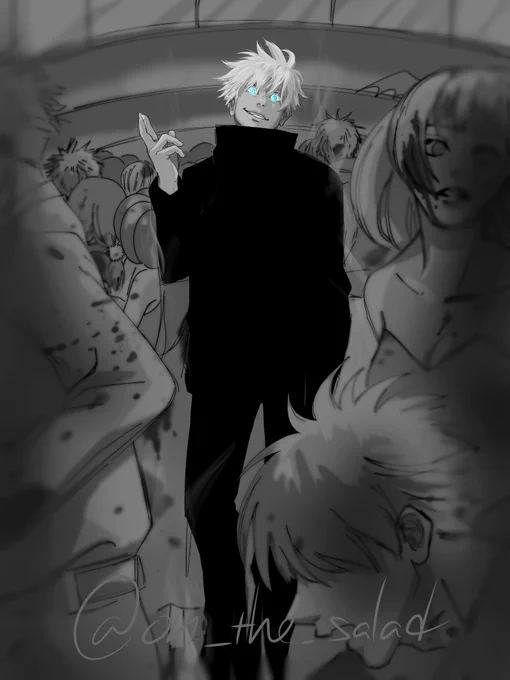 #今月描いた絵を晒そう#呪術廻戦 #1日遅れすんません五歌rkgkと渋谷駅ゴッジョと渋谷事変カラー・モノクロと〜ツリーで続けます 
