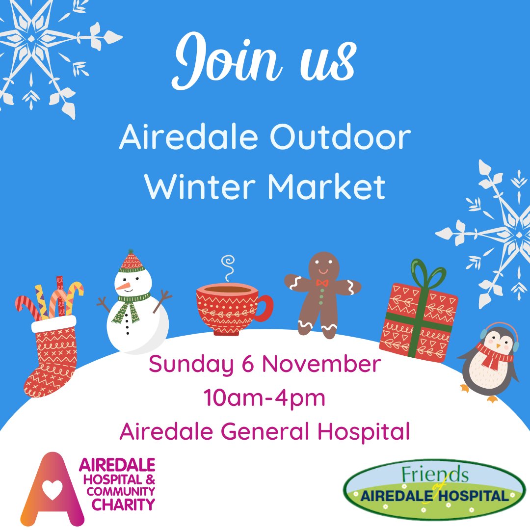 Feeling festive already? We've got you! ☃️

Come to our winter market this Sunday and shop from over 40 local businesses while supporting AHCC🧡

❄️Sunday 6 November 
❄️Airedale General Hospital (West Car Park/P3)
❄️10am-4pm
❄️Free entry and parking

👉 bit.ly/3sABb1y