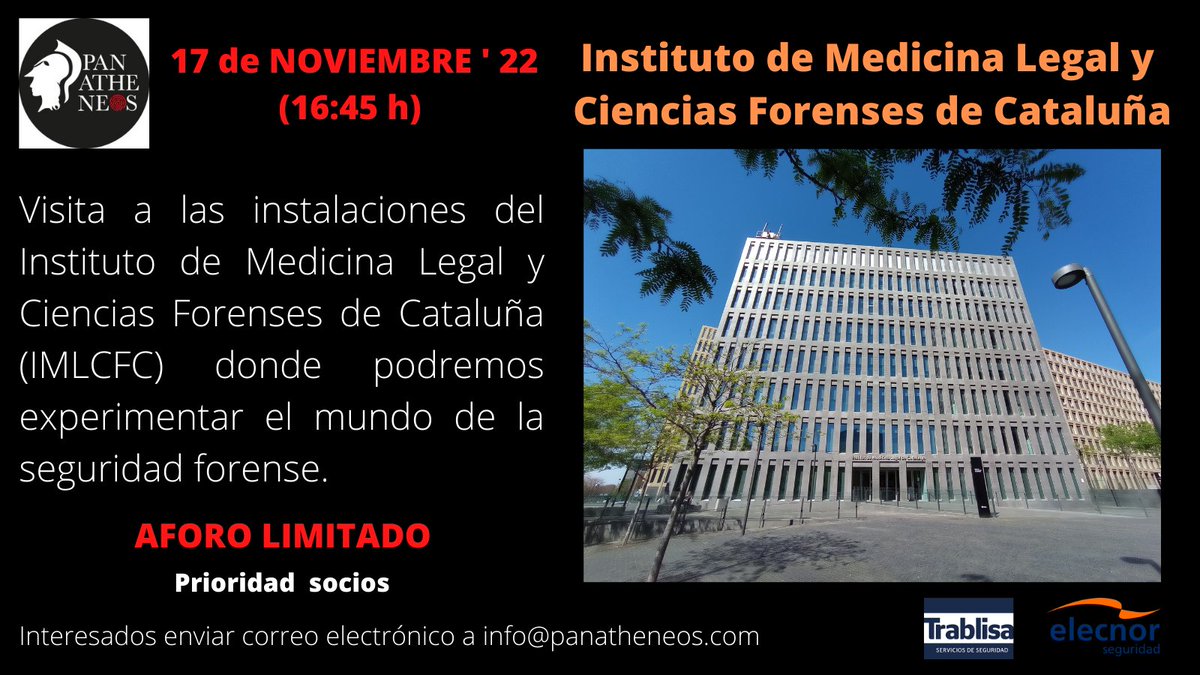 panatheneos's tweet photo. Próximo SPY en las instalaciones del Instituto de Medicina Legal y Ciencias Forenses de Cataluña (IMLCFC).

@GrupoElecnor @Trablisa 
#gestióndelconocimiento #seguridad #ProtecciónCivil #emergencias https://t.co/XAA1IDXKOA