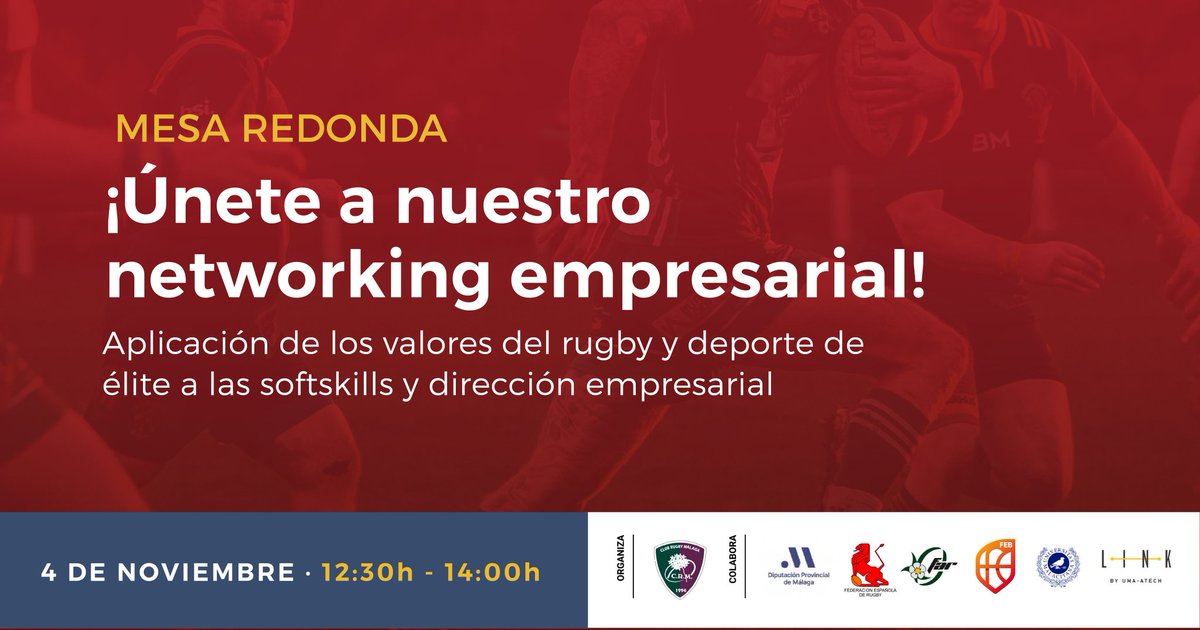 ClubRugbyMalaga's tweet photo. Sumamos otra actividad antes del España-Tonga. El próximo 4 de noviembre nos reunidos para un networking empresarial centrado en la aplicación de los valores de nuestro deporte.

📍 Link by UMA-Atech - Edificio Green RAy
#LosLeones #rugby https://t.co/g2EmOqaQpp