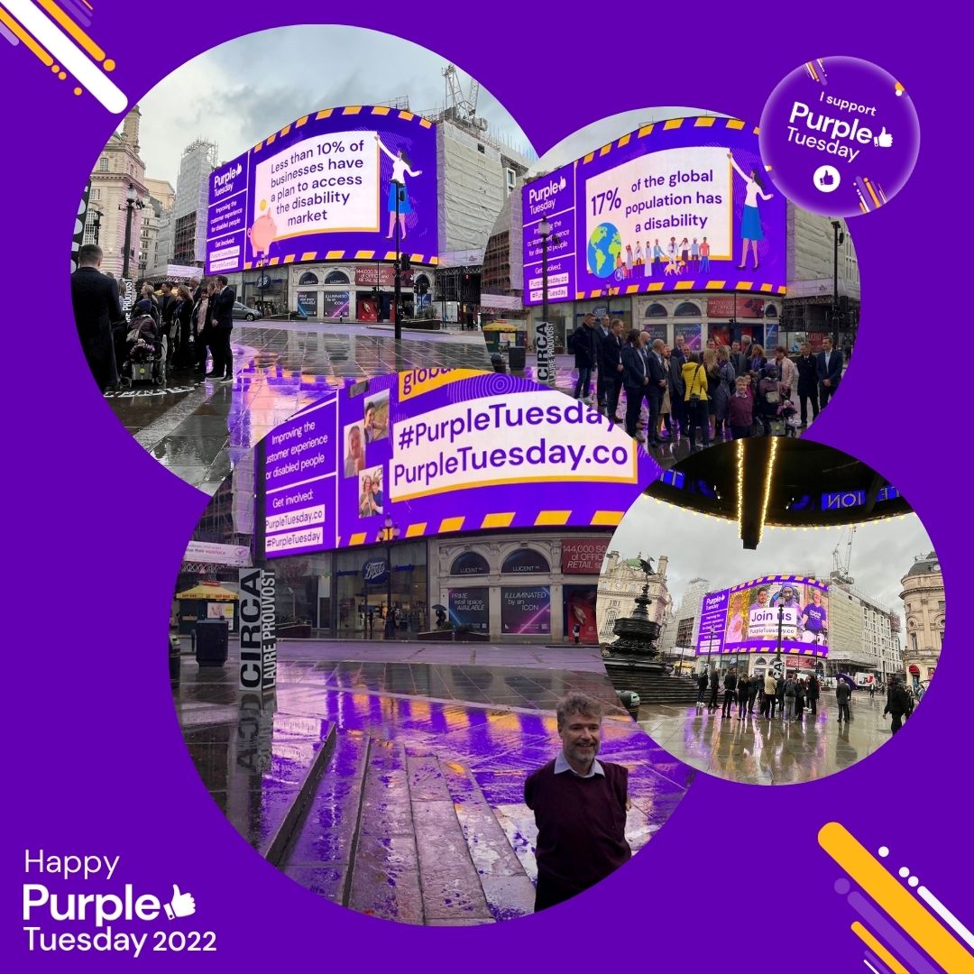 PurpleTuesNov's tweet photo. This is #PurpleTuesday
First photos from an electric #PiccadillyLights as the world focusses on disabled people as customers. Joined by 22 Sector Partners all talking to camera about why disabled customers are so important to their organisation.💜 https://t.co/172e3xkEWw