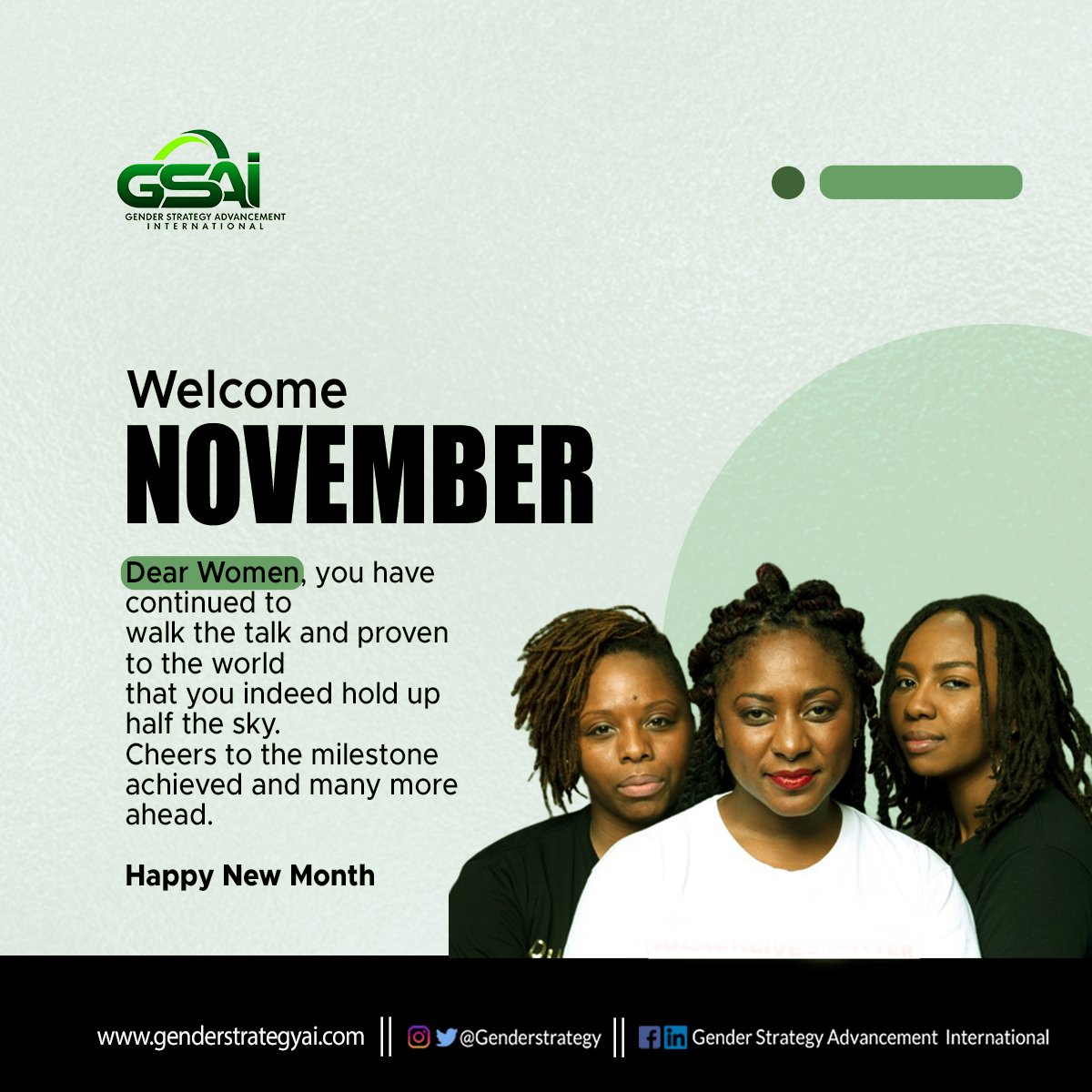 Genderstrategy's tweet photo. Dear Woman, you have continued to walk the talk and proven to the world that you indeed hold up half the sky. 🥂 Cheers to the milestone achieved and many more ahead.
Happy New Month 🎉🍁🍂
#happynewmonth
#november
#11thmonth https://t.co/nqBa0DYaZ0