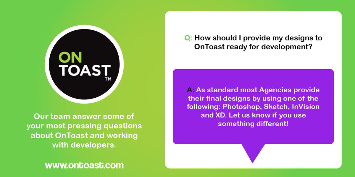 Q&amp;A:

How should I provide my designs to OnToast?

#whitelabel #technology #mobileapplications #webdevelopment #software #projectmanagement