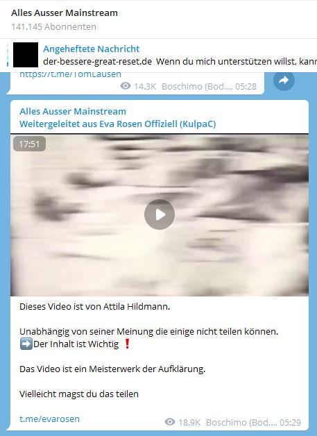 Alemanniel's tweet image. Am 15.09.22 teilte Eva Rosen ein Video von #attilahildmann . 

"Ein Meisterwerk der Aufklärung". 

Heute erscheint es u.a. bei #Greulich und #Schiffmann .

Wer immer noch glaubt, #Querdenken und seine Anhänger sei harmlos, sollte das sehr zu denken geben.