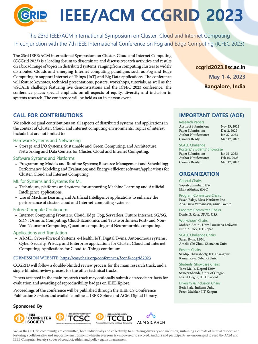 IEEE/ACM CCGRID 2023
ccgrid2023.iisc.ac.in
May 1-4, 2023
Bangalore, India