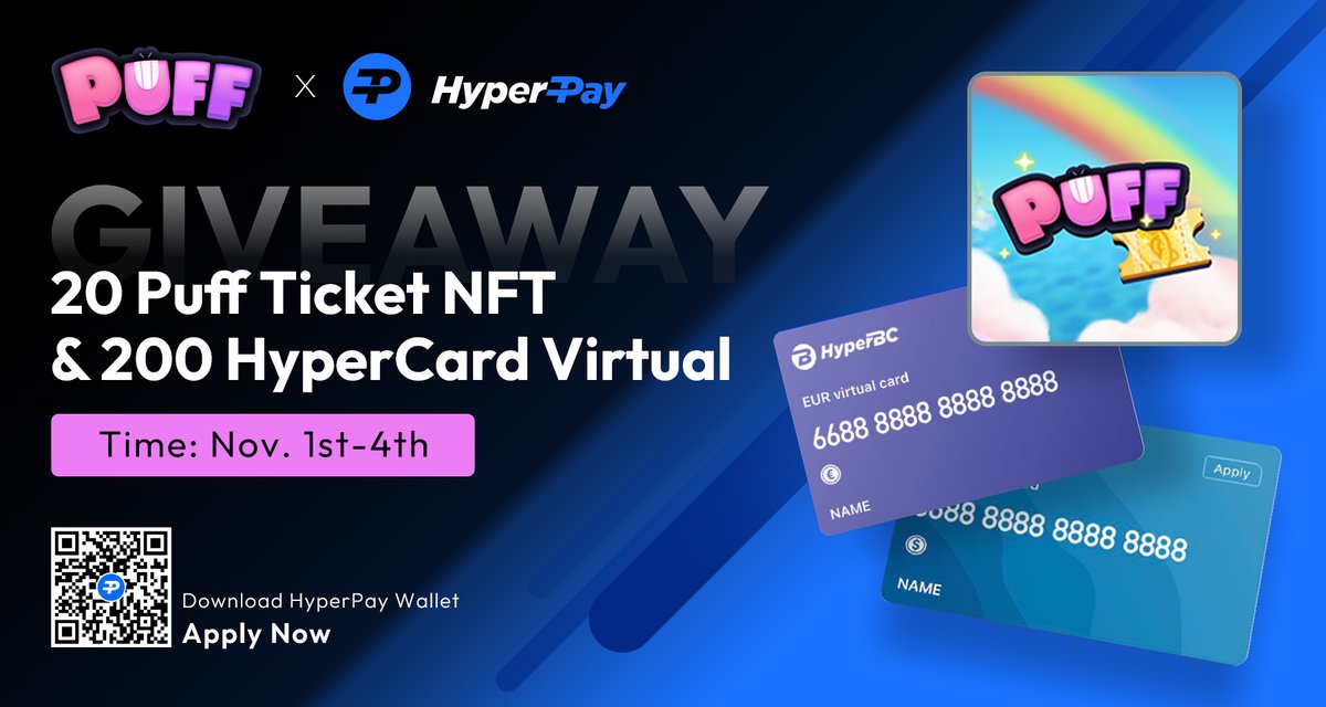 Hpx_Official's tweet photo. 🪘Join #HyperPay &amp; @Puffverse #GIVEAWAY🥰 

Prize pool: 20 Puff Ticket NFT &amp; 200 HyperCard Virtual💳, first come first served!
⏲️Nov. 1st-4th

Complete tasks in Gleam form to win! 
https://t.co/jgJYbApxal https://t.co/JoTqMjJcd3