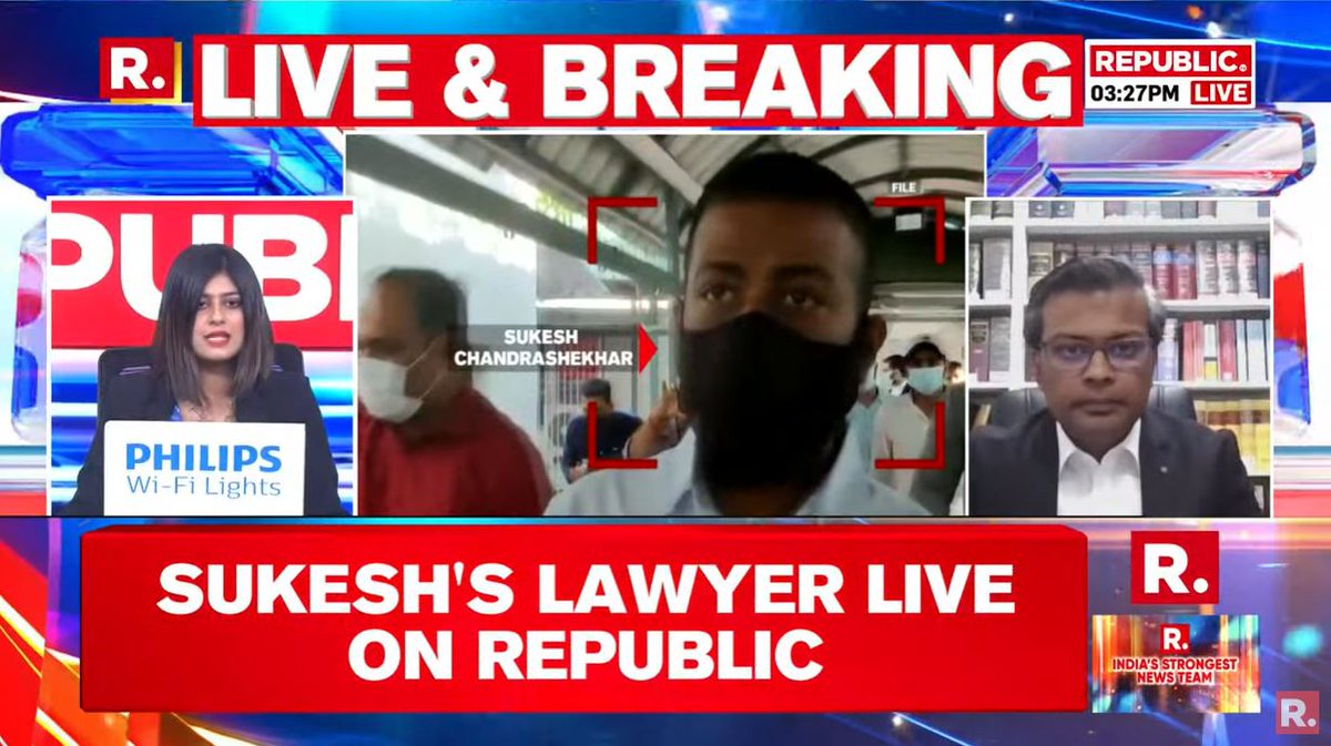 republic's tweet photo. #BREAKING on #ConGate | Conman Sukesh Chandrashekar's lawyer speaks to Republic after extortion allegations levelled by his client against Delhi Minister Satyendar Jain.

Tune in - https://t.co/GAtGCvLDbU https://t.co/Uff97nNahZ