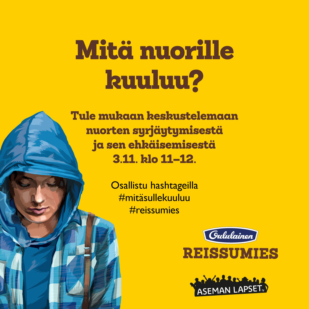 Jo 50 000 nuorta on muuttunut yhteiskunnalle näkymättömäksi – nuorten syrjäytyminen on suuri ongelma. Miten voisimme auttaa jokaista nuorta löytämään oman tiensä? Tule mukaan Reissumiehen Twitter-chatiin! Lue tarkemmat ohjeet: bddy.me/3NrSviU #mitäsullekuuluu #reissumies