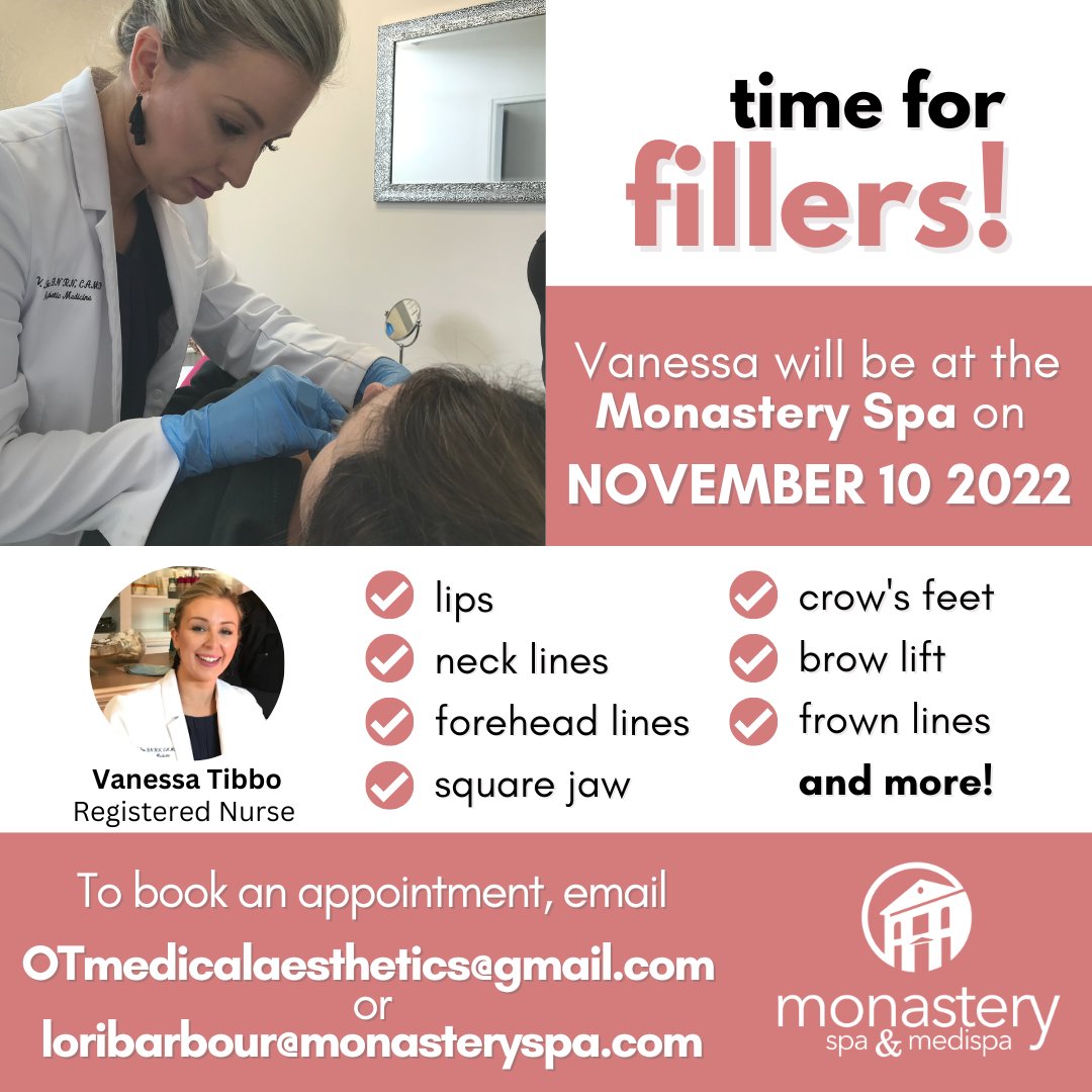 MonasterySpa's tweet photo. Vanessa will be at the Monastery Spa on 10 November 2022. Sign up by emailing OTmedicalaesthetics@gmail.com.

Psst... receive a FREE lip flip 👄 or 10 units of Botox/equivalent with every syringe of filler!

#fillers #botox #stjohns #monasteryspa #medicalaesthetics https://t.co/fEPhLHZlCQ
