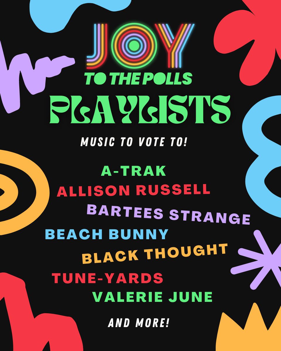 🎵 Our #JoyToThePolls playlists are BACK and here to energize you as you head out to vote! Check out music curated for you by the likes of @atrak, @outsidechild13, @Bartees_Strange, @BeachBunnyMusic, @BlackThought, @TuneYards, @TheValerieJune, + more! linktr.ee/joytothepolls