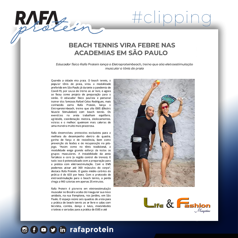 RafaProtein's tweet photo. O Eletroproteinbeach, treino que alia EMS com beach tennis, é destaque na revista Life &amp; Fashion. ☀☀😎😎🏓🏓 Vem ver! 

https://t.co/0j4BsJtXrf https://t.co/YX0Q30Iq5s