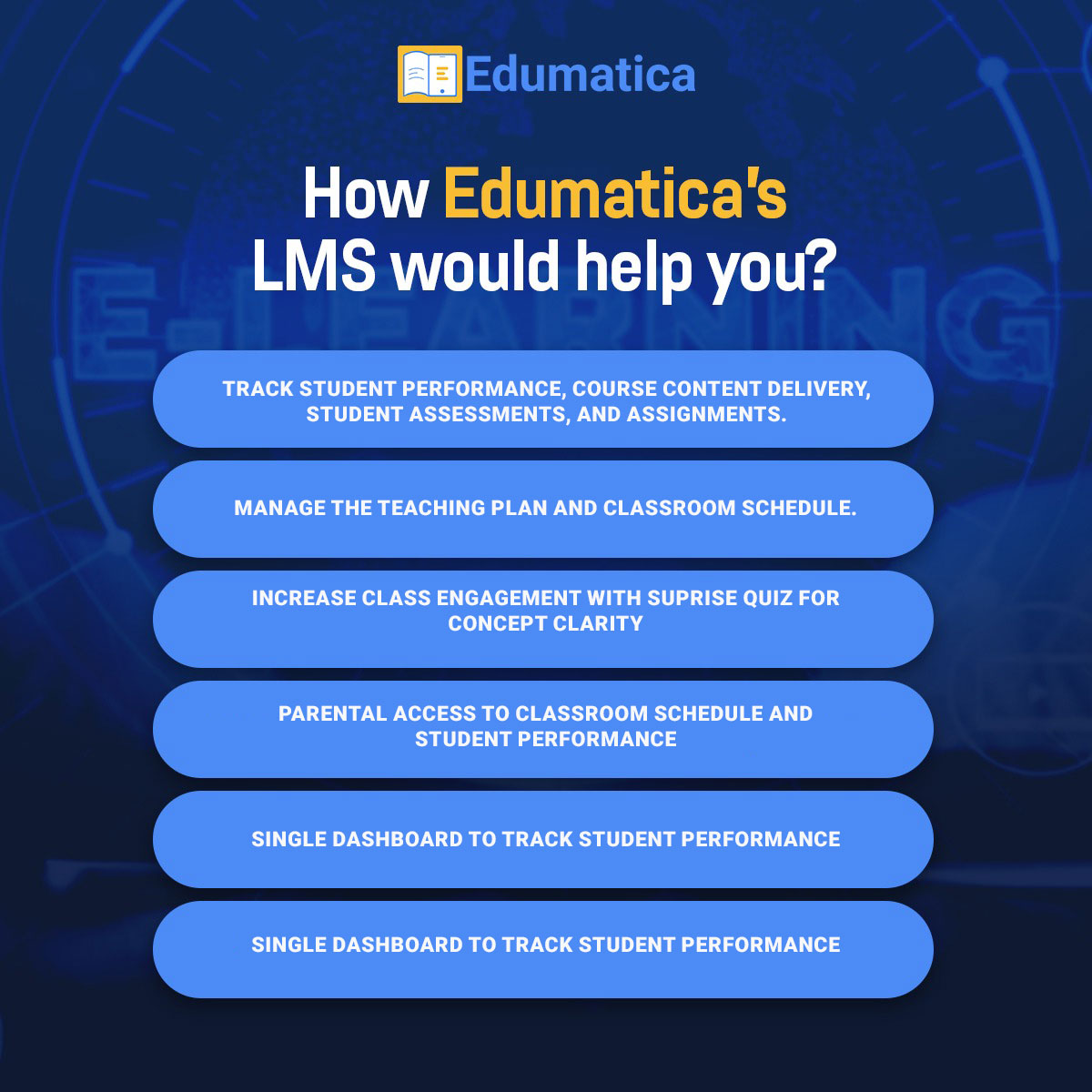 Edumatica_io's tweet photo. With Edumatica’s revolutionary LMS you can do a lot. You can track students performance, manage their assignments, create there classroom schedule etc.
To know more visit
https://t.co/5ZsbvcEc90
and book your free demo
#ERP #admissions #Edumatica #colleges #teachers #teacher https://t.co/OEl4dYcCZA