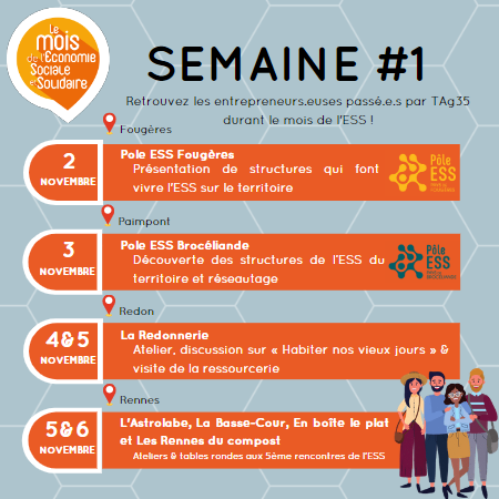 Le Mois de l’Économie Sociale et Solidaire commence aujourd'hui ! Chez TAg35, on est fier d'avoir soutenu de nombreux collectifs qui sont maintenant des acteurs faisant vivre l'ESS en Ille-et-Vilaine, retrouvez les structures #propulséparTAg35 cette semaines sur ces évènements.