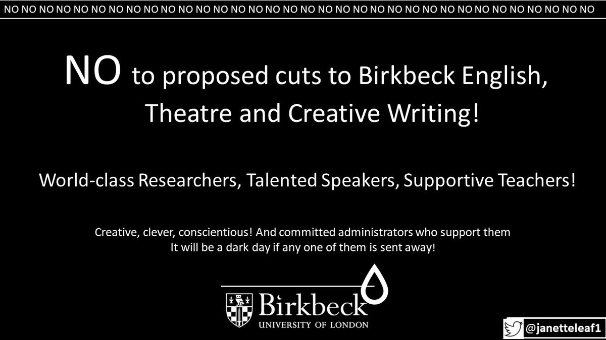 Reverse the planned redundancies to Birkbeck English! Save the staff and save the College's reputation! Sending gratitude, warmth and support. So hard for them to work under this looming cloud. <a href="/birkbeck_ETC/">Birkbeck: English</a> <a href="/BirkbeckUoL/">Birkbeck, University of London</a> <a href="/BirkBeckArtsRes/">BirkbeckArtsRes</a> <a href="/UnivEnglish/">University English</a> <a href="/EnglishAssoc/">English Association</a> <a href="/unisontheunion/">UNISON - UK's largest union</a>