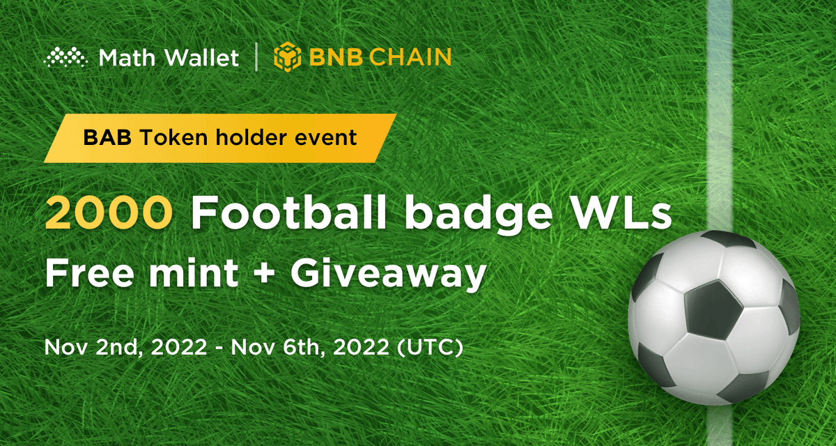 Free Giveaway for BAB token holders!

🎁2000 Football badge WLs Free Mint + Giveaway

To enter: 

❤️Follow <a href="/MathWallet/">MathWallet</a> &amp; <a href="/BNBCHAIN/">BNB Chain</a> 
🔄RT &amp; @ 3 friends
✅Complete: launchpad.collectify.app/#/participate?…

Powered by <a href="/Collectify_app/">Collectify</a> 

#Mathwallet #Giveaway #BNB