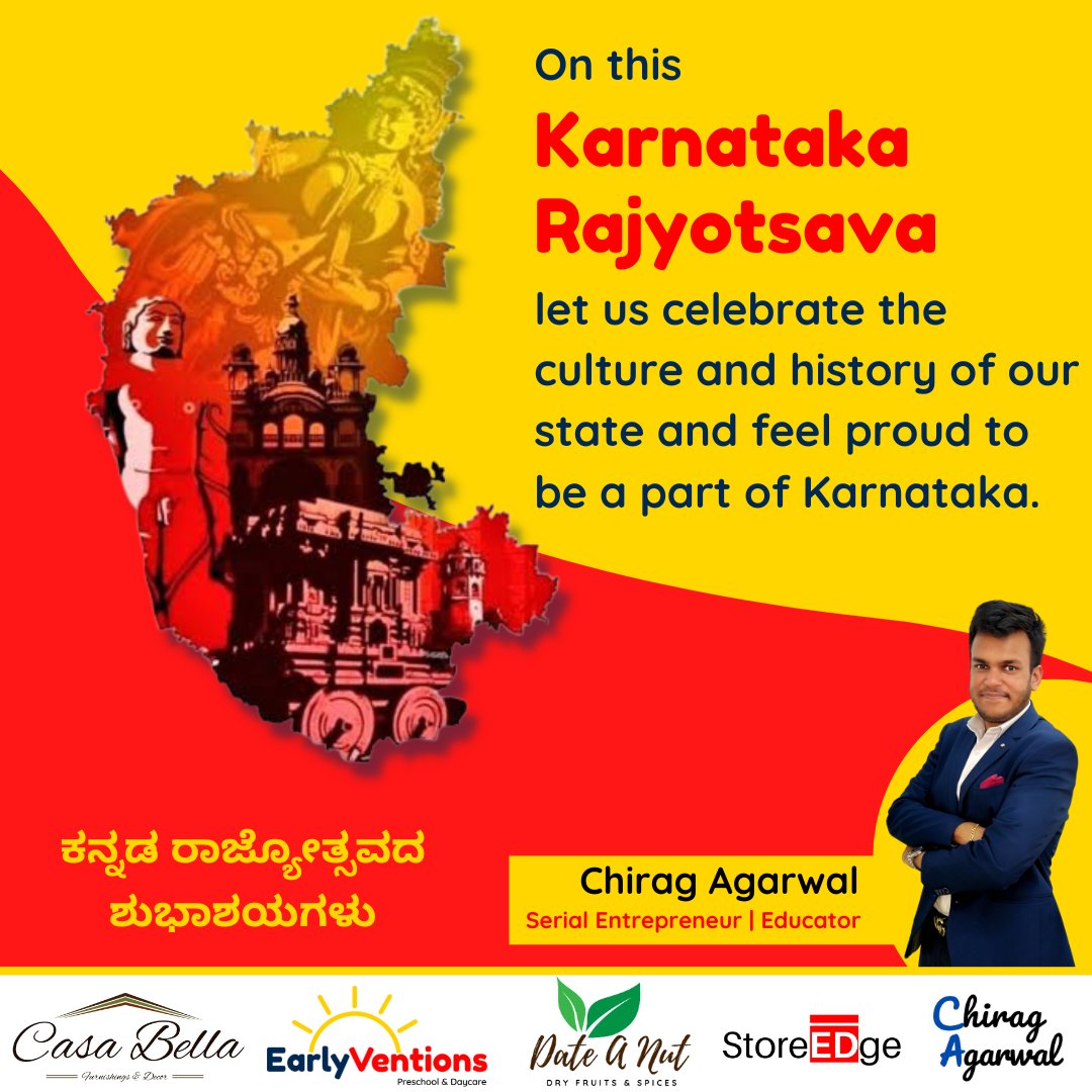 Let us remember the golden heritage of our state and feel proud to be a part of Karnataka. 
Happy Karnataka Rajyotsava 🙏🏻

#KarnatakaRajyotsava #Kannada #ChiragAgarwal
