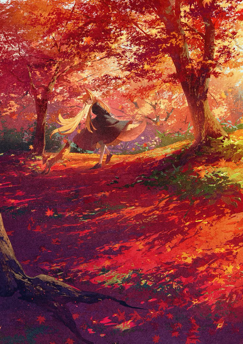 1girl tree long hair solo autumn leaves outdoors fox tail  illustration images