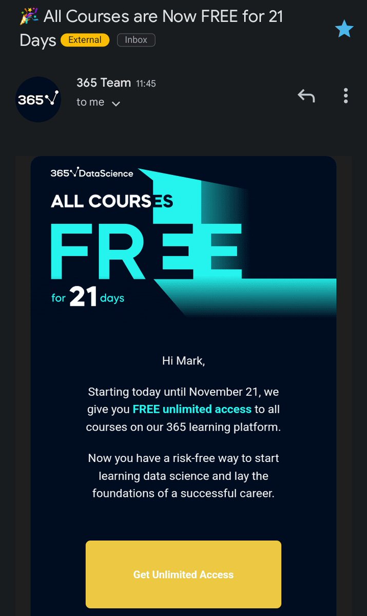 gatere_mark's tweet image. 📌 @365datascience free for the next 21 Days 🥳🥳
Don't miss this super awesome #DataLearning opportunity ✨💫
#DataScience
#MachineLearning
#ArtificialIntelligence
#DataVisualization
#DataAnalytics
#dataengineering
#Data