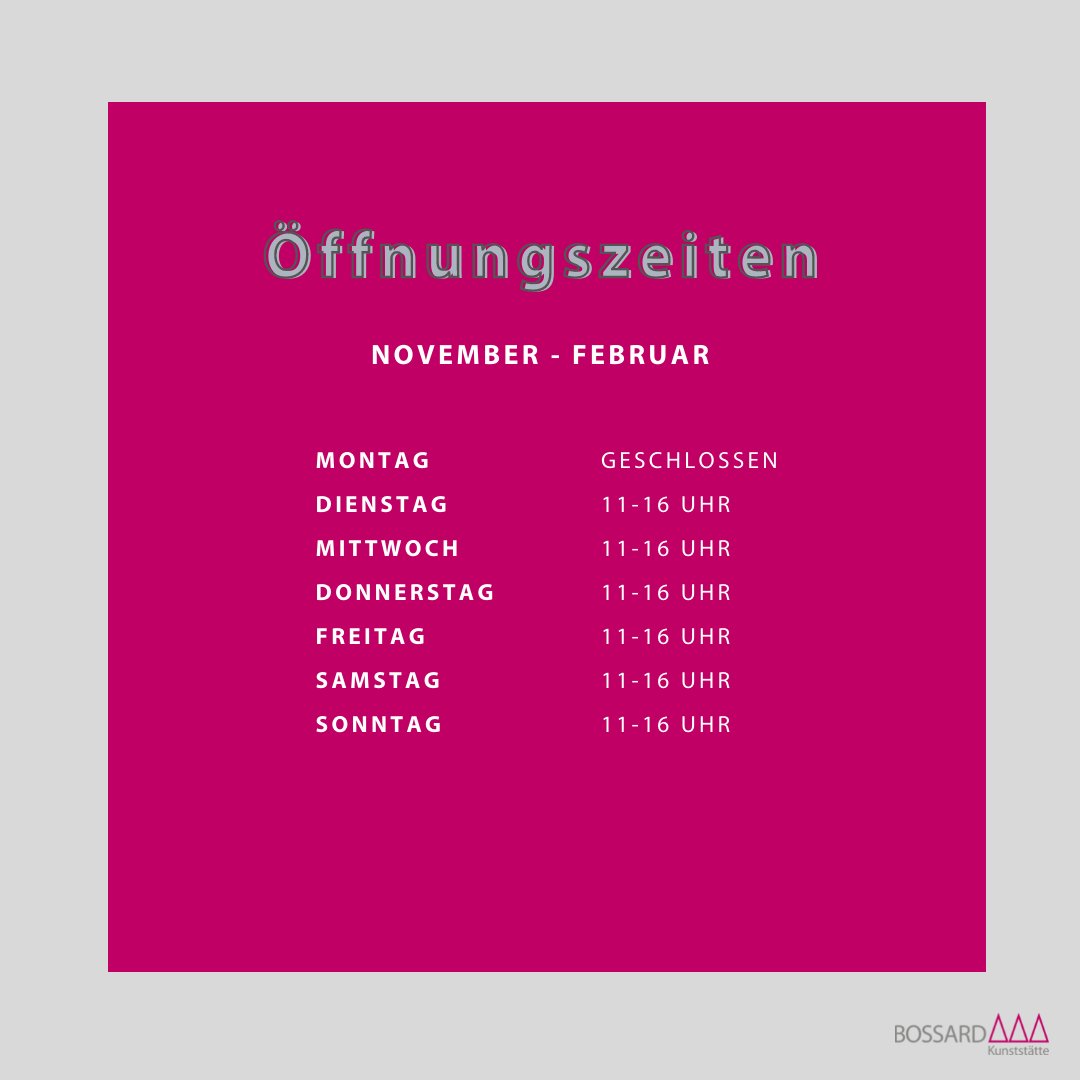 Ab heute gelten unsere geänderten Öffnungszeiten! Von November-Februar haben wir immer dienstags-sonntags  in der Zeit von 11 bis 16 Uhr geöffnet.
