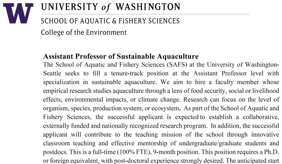 #jobs We are looking for a new assistant professor in Sustainable Aquaculture at the University of Washington, School of Aquatic and Fishery Sciences
<a href="/UW/">University of Washington</a> <a href="/UW_SAFS/">UW SAFS</a>