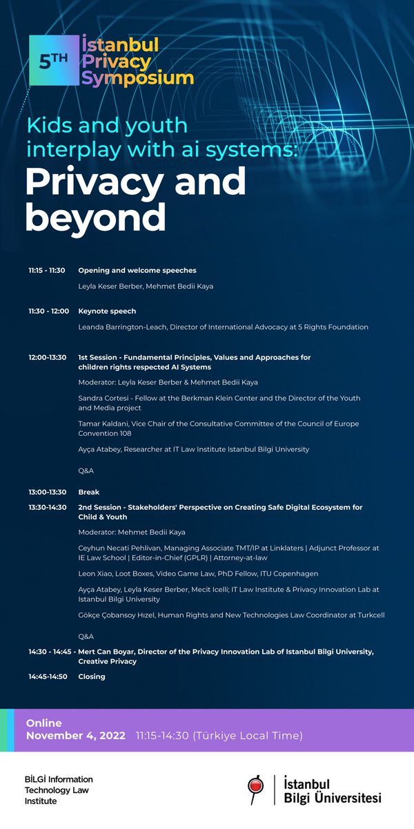 Leyla Keser (@leylakeser) on Twitter photo <a href="/Bilgi_ITLaw/">BILGI IT Law Institute</a> is happy to announce new edition of its #IstanbulPrivacySymposium!
Join us on 4 November Friday “online” to duscuss “Kids and Youth Interplay with #AI Systems: Privacy and Beyond! <a href="/Bilgi_ITLaw/">BILGI IT Law Institute</a> is happy to announce new edition of its #IstanbulPrivacySymposium!
Join us on 4 November Friday “online” to duscuss “Kids and Youth Interplay with #AI Systems: Privacy and Beyond!